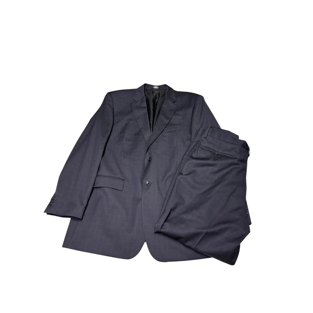 Gianni Manzoni Navy Windowpane Suit Reda Super 110s Wool Italy Mens 46L W38 L29